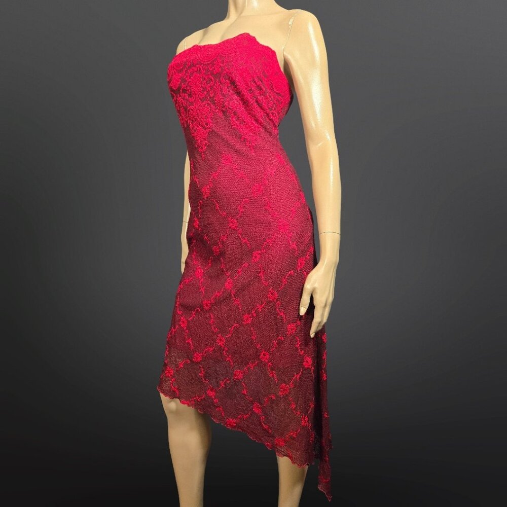 Y2K Red Asymmetric Strapless Mesh Lace Dress Size 9 Gothic Vampy Whimsigoth